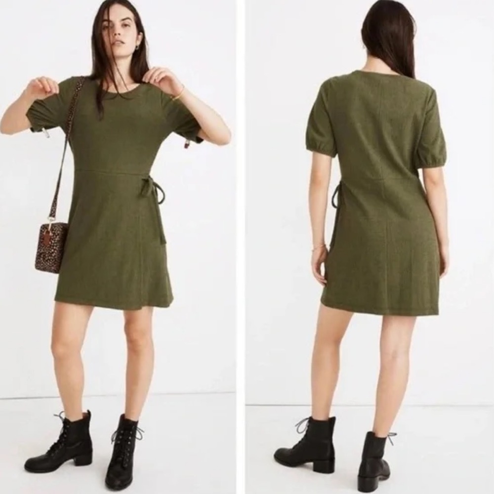 Madewell Green Crosshatch Puff Sleeve Faux Wrap